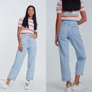 NWT Q2 Straight Cut High Waist Mom Jeans In Light Blue Denim